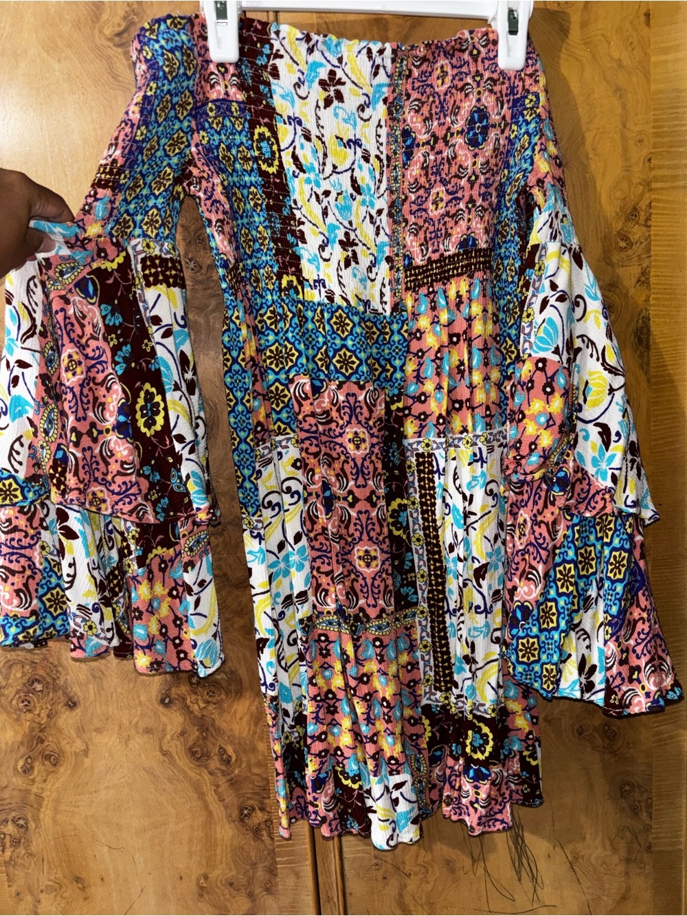 Boho Patchwork Floral Off-Shoulder Dress in Multicolor size Medium